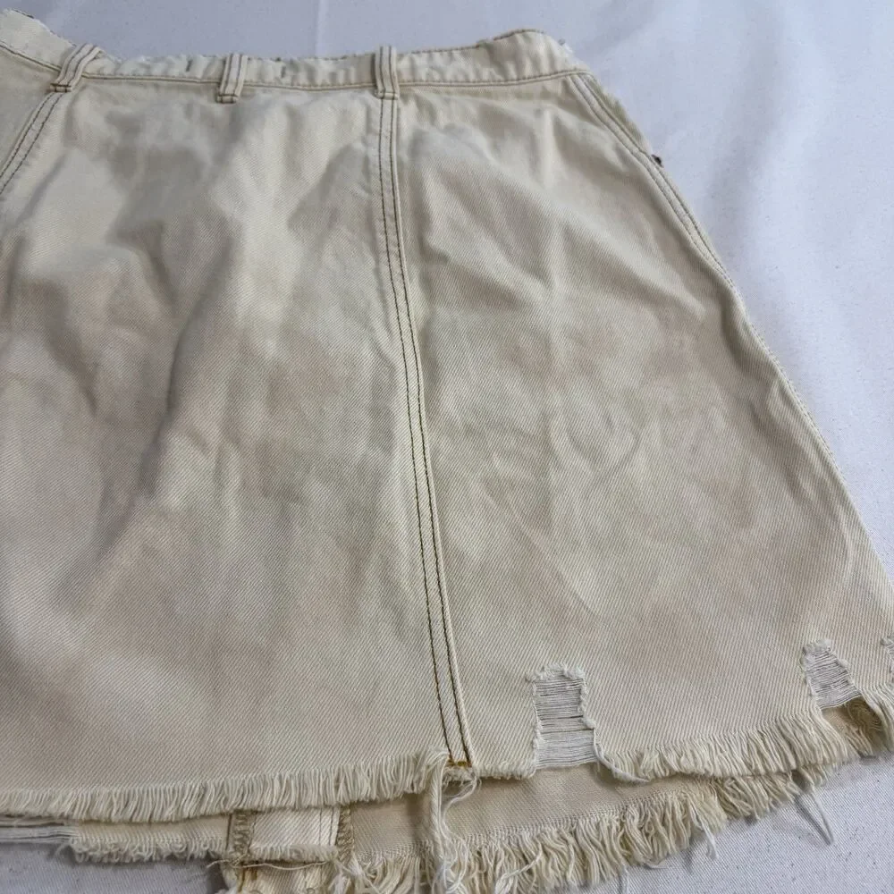 Free People Women's Butter Cream Denim Distressed Parker Wrap Skirt Size 31